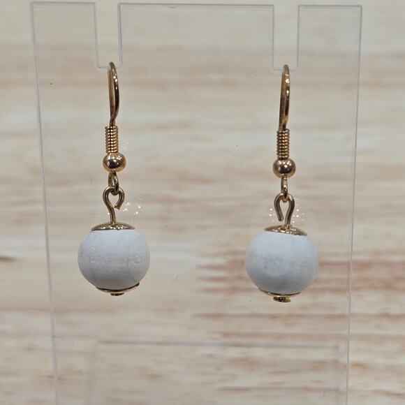 Joan Vass New York Semi-Precious Drop Earrings Round Cream Ball - Picture 2 of 8